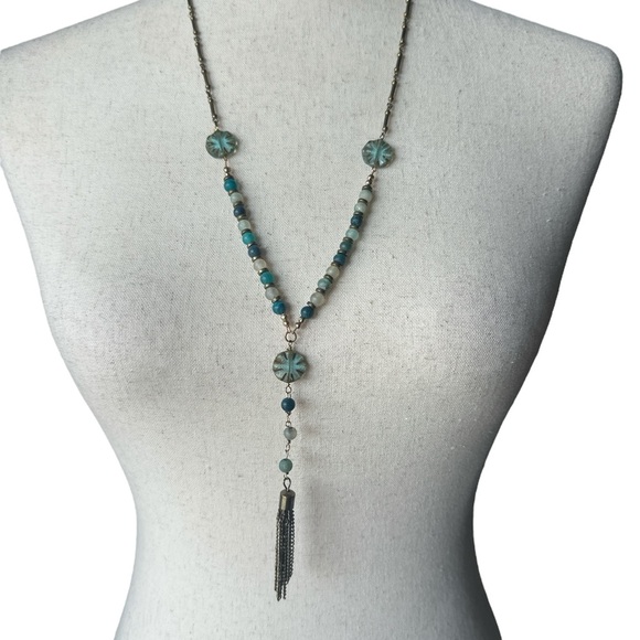 Vintage Boho Beaded Lariat Necklace | Turquoise & Gold Tassel Pendant - Picture 3 of 6